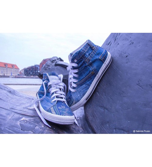  Handmade sneaker in blue denim and decorated fabric