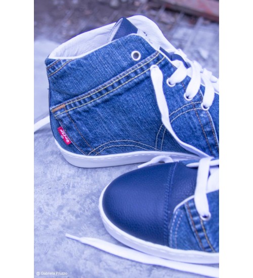Handmade sneakers jeans dark blue leather